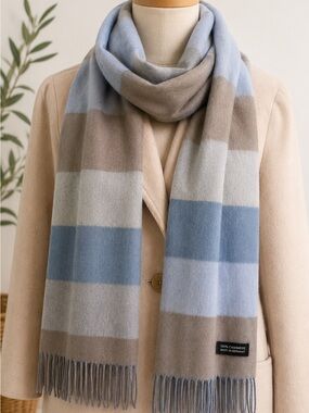 100% Cashmere Made In Germany Striped Blue and Taupe Fringe Scarf OSFM